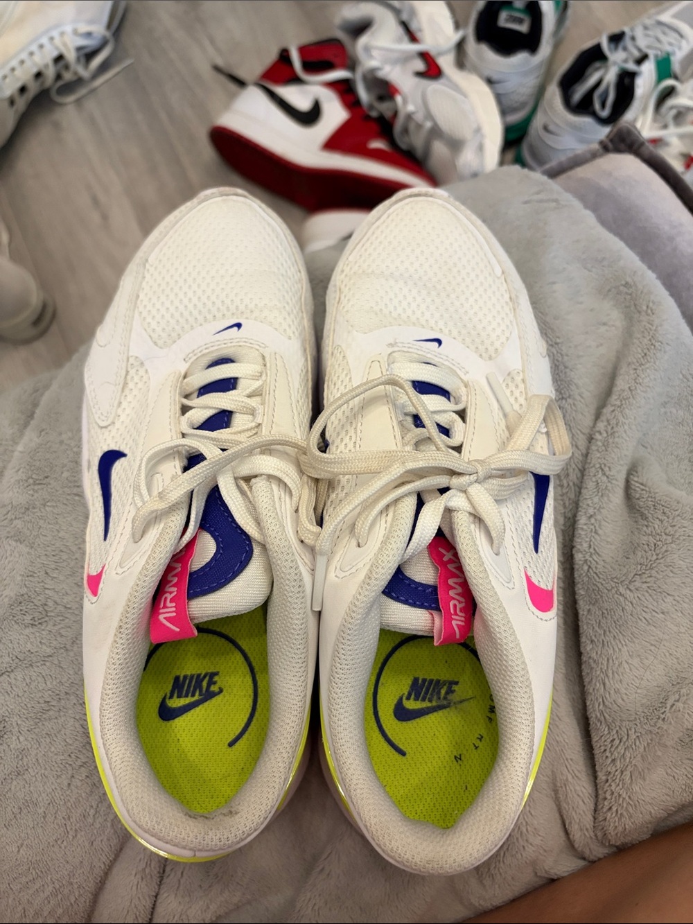 Nike White Sneakers with Blue, Pink & Neon Yellow Accents